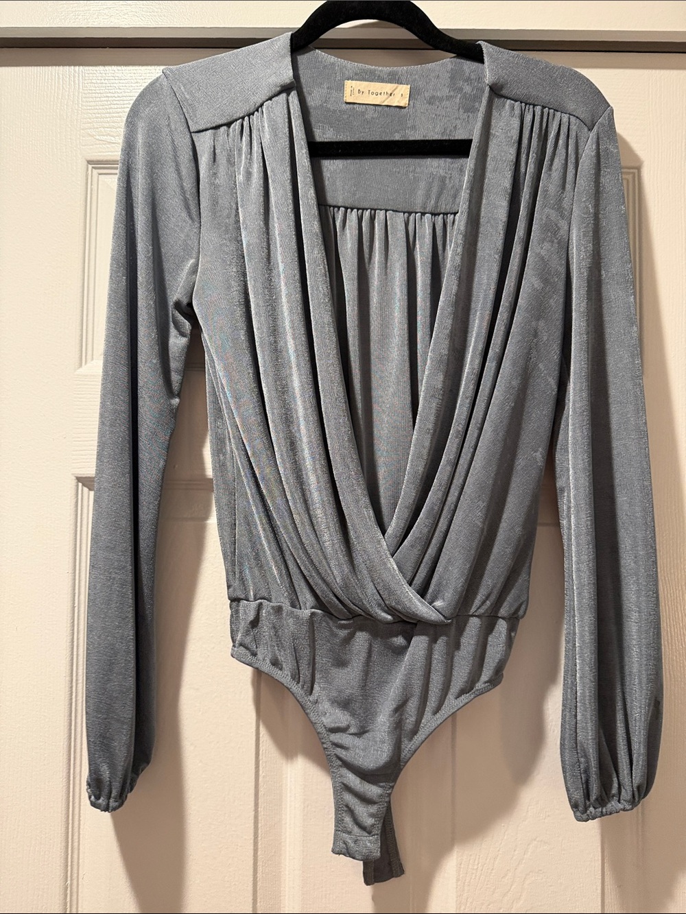 By Together Gray/blue Draped Long-Sleeve Bodysuit